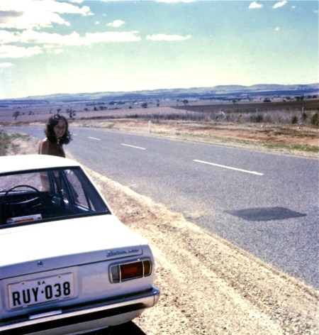 June Williams beside my car, a 1970 Datsun 1200.