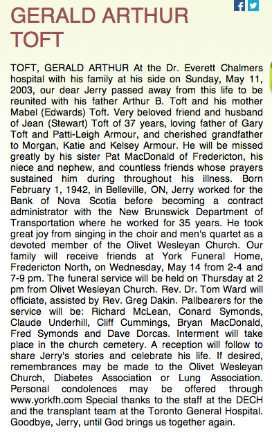 Obituary for Gerald Toft. There is no mention of his older brother, Karl. Karl Toft was not toiled about his brother's death until a month later.