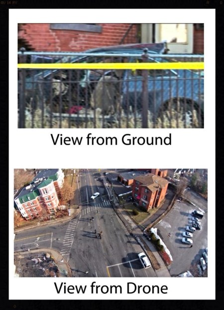 A comparison: an image taken on the ground by print journalists and by Rivera's drone. 