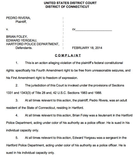 Page 1 of the lawsuit filed by lawyer Norm Pattis of Bethany, Connecticut.