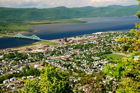 Campbellton, New Brunswick. The Restigouche River flows into the Bay of Chaleur. On the other side of these bodies of water is the Province of Quebec.