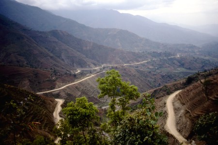 No guard rails: leaving Kathmandu and traveling west towards the Town of Dumre.