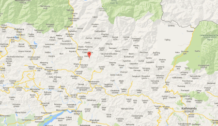 Map showing epicentre of the earthquake. Amp Pipal is about 30 kilometers southeast of that.