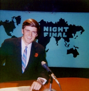 Author at CJDC-TV, Dawson Creek, British Columbia [fall of 1969]. And no, I did not design that set.