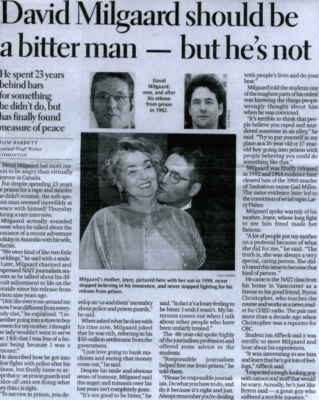 The Edmonton Journal story on David Milgaard appearing at NAIT to speak with my journalism students. April 2001. Click to enlarge.