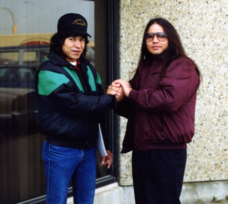 James Dean [Dino] Agecoutay [right] with Lubicon Cree Chief Bernard Ominayak in Edmonton. October 1990