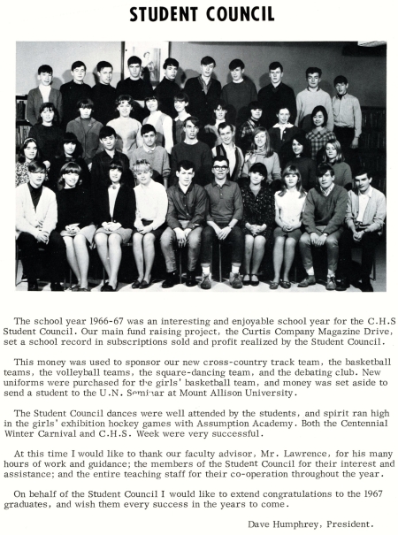 Campbellton High's Student Council in 1967. Brian MacNeish [then a Grade 11 student] is sitting alongside David Humphrey, one of the youngest DJ's in Canada, destined to become a lawyer.