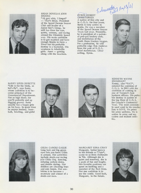 Page 30 of CHS Yearbook. I can tell you where three of the six students are today: Brian Brooks is in Ontario; I'm in Edmonton; Kenny Englehart lives in Cross Point, Quebec [across the river from Campbellton].