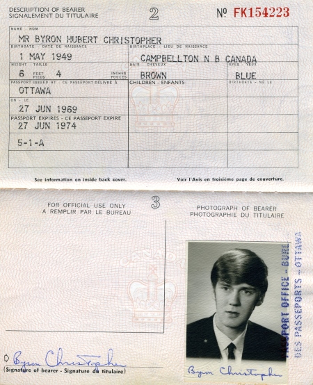 My first passport, issued in 1969. If you were to peel off the photo and check the back of it, you would see the signature of Lou Bursey. He was my 'guarantor.'