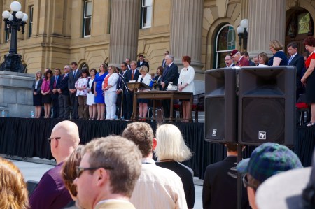 The NDP cabinet on the steps of the Legislature