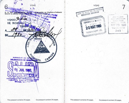 My visa to enter Nicaragua, good for 90 days. Note the stamp 'Consul General of Nicaragua, Toronto, Canada' and the signature of Pastor Valle Garay. 'Salida' is Spanish for 'exit'.
