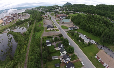 Atholville looking east towards Campbellton. To the left is the pulp mill, the largest employer in the area.